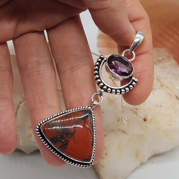 Natural Natural Amethyst Stone Purple Quartz/Jasper Crystals Silver 925 Pendant - Picture 9 of 9